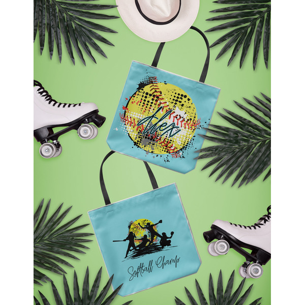 Softball Canvas Tote Lifestyle Front and Back- 13x13