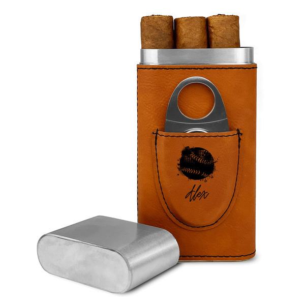 Custom Softball Cigar Case with Cutter - Rawhide (Personalized)