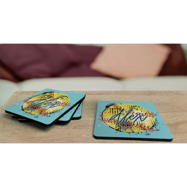 Softball Coaster Rubber Back - On Coffee Table