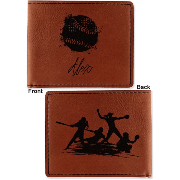 Softball Cognac Leatherette Bifold Wallets - Front and Back