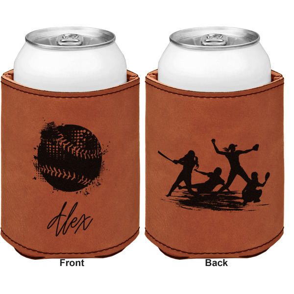 Softball Cognac Leatherette Can Sleeve - Double Sided Front and Back