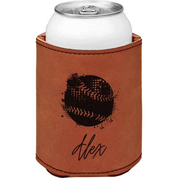 Softball Cognac Leatherette Can Sleeve - Single Front