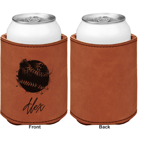 Softball Cognac Leatherette Can Sleeve - Single Sided Front and Back