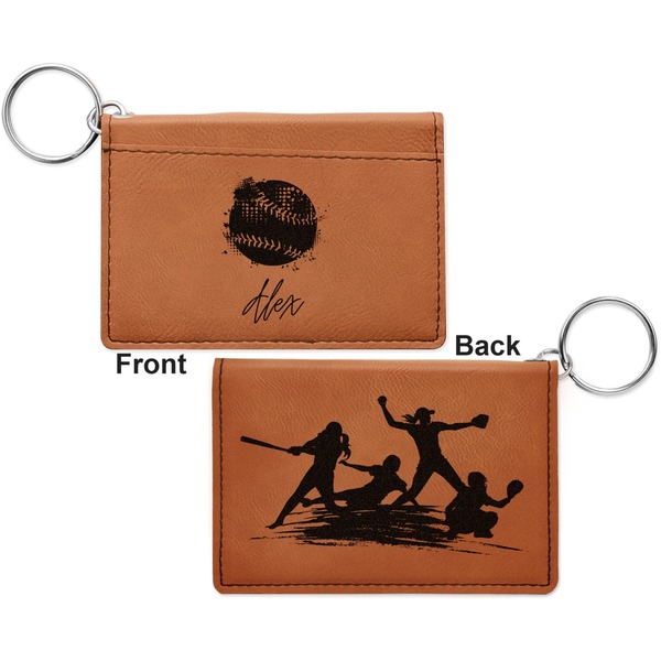 Softball Cognac Leatherette Keychain ID Holders - Front and Back Apvl