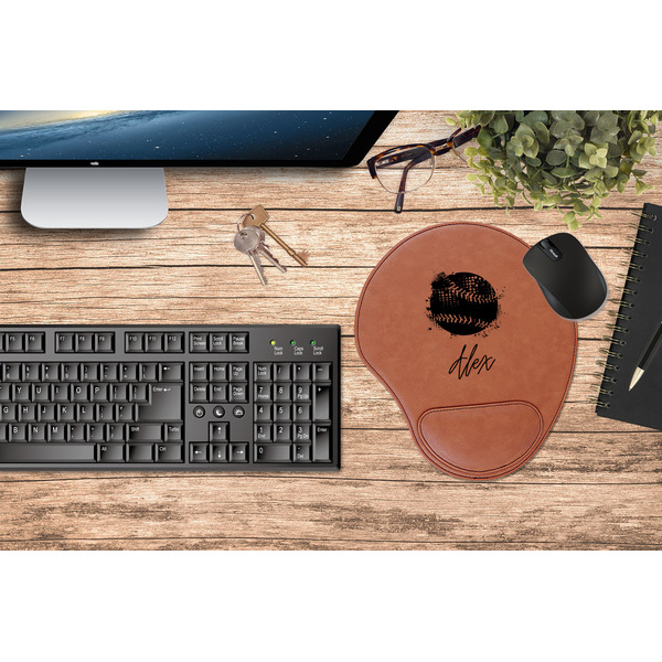 Softball Cognac Leatherette Mousepad with Wrist Support - Lifestyle Image