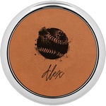 Softball Leatherette Round Coaster w/ Silver Edge (Personalized)