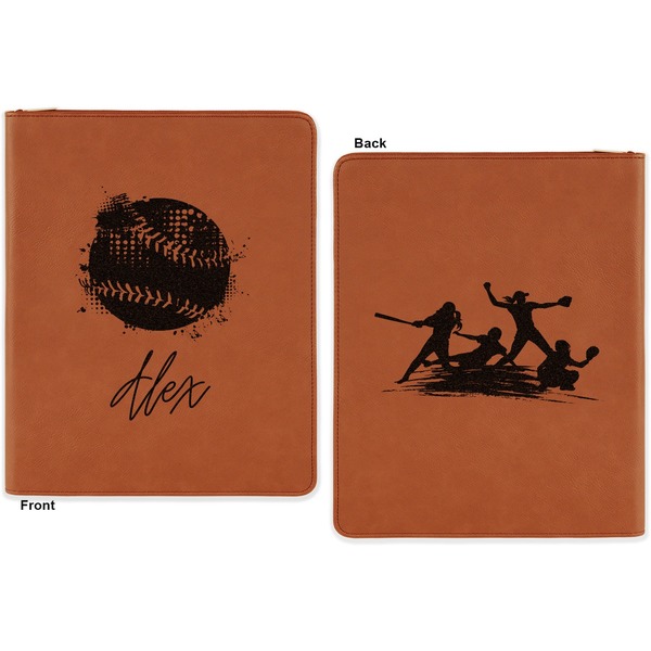 Softball Cognac Leatherette Zipper Portfolios with Notepad - Double Sided - Apvl