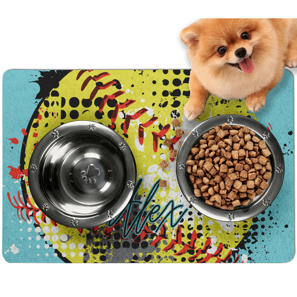 Custom Softball Dog Food Mat - Small w/ Name or Text