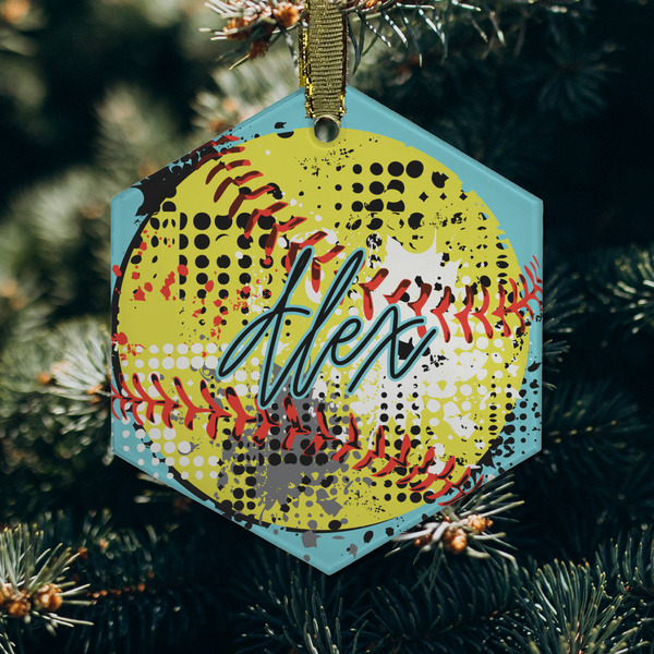 Softball Frosted Glass Ornament - Hexagon (Lifestyle)