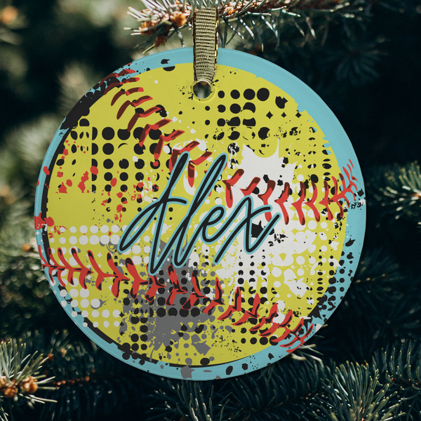 Softball Frosted Glass Ornament - Round (Lifestyle)