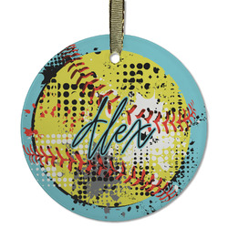 Softball Flat Glass Ornament - Round w/ Name or Text