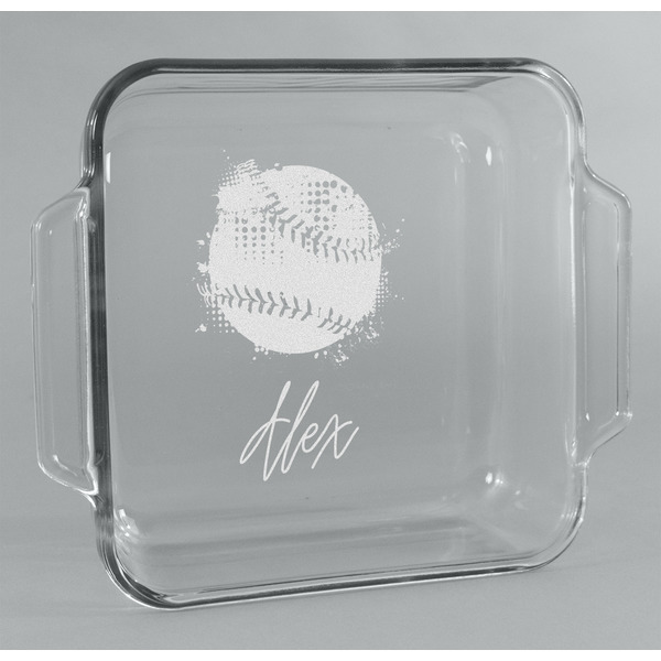 Custom Softball Glass Cake Dish with Truefit Lid - 8in x 8in (Personalized)
