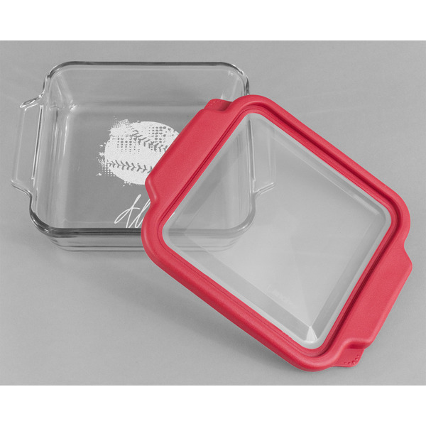 Softball Glass Cake Dish - FRONT w/lid  (8x8)