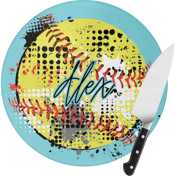 Custom Softball Round Glass Cutting Board (Personalized)