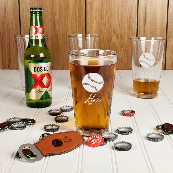 Softball Leather Bar Bottle Opener - IN CONTEXT