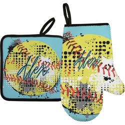 Softball Right Oven Mitt & Pot Holder Set w/ Name or Text