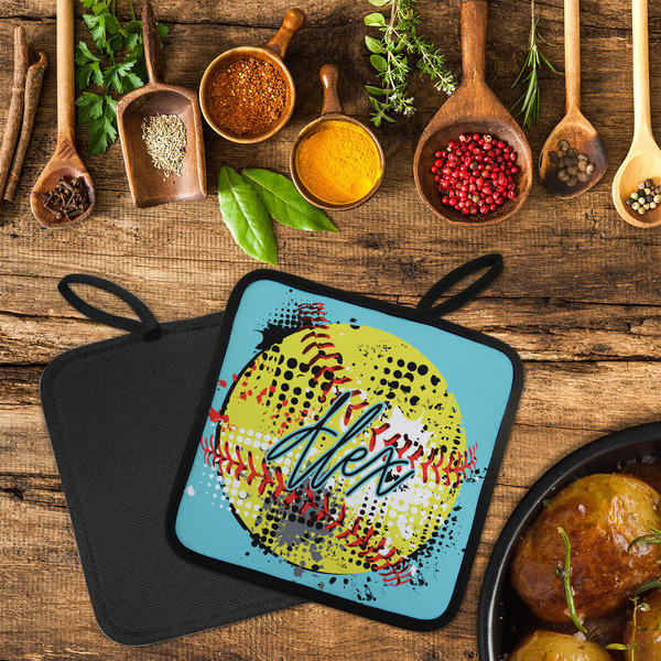 Softball Neoprene Pot Holder - Set of 2  LIFESTYLE (Flatlay)