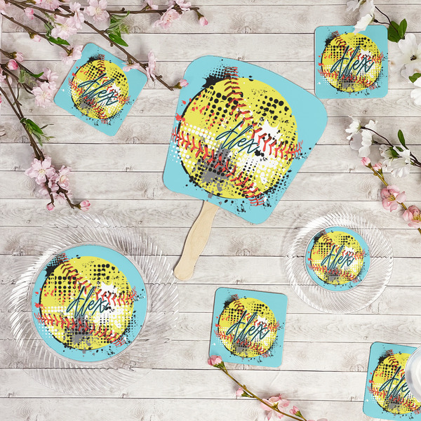 Softball Party Supplies Combination Image - All items - Plates, Coasters, Fans