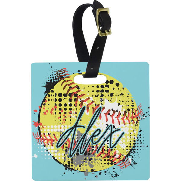 Custom Softball Plastic Luggage Tag - Square w/ Name or Text