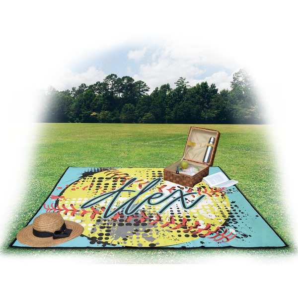 Softball Picnic Blanket - with Basket Hat and Book - in Use