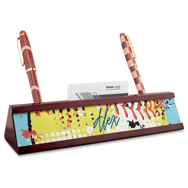 Custom Softball Red Mahogany Nameplate with Business Card Holder (Personalized)