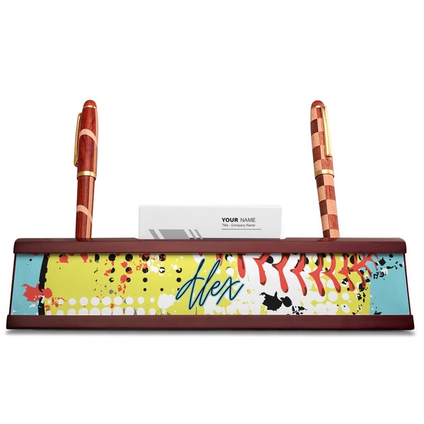 Softball Red Mahogany Nameplates with Business Card Holder - Straight