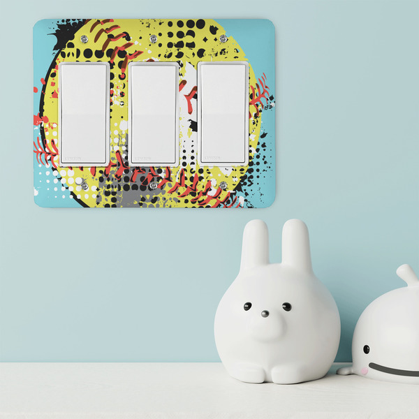 Softball Rocker Light Switch Covers - Triple - IN CONTEXT