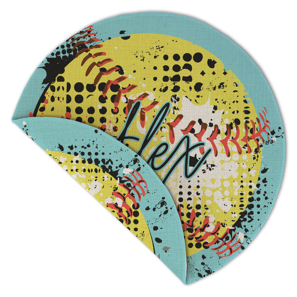 Softball Round Linen Placemats - Front (folded corner double sided)