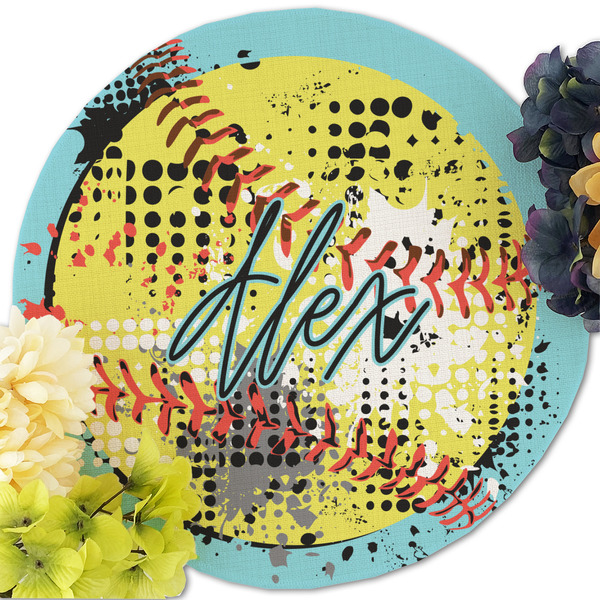 Softball Round Linen Placemats - Front (w flowers)