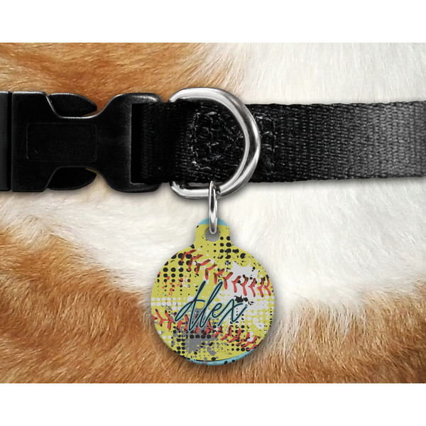 Softball Round Pet Tag on Collar & Dog