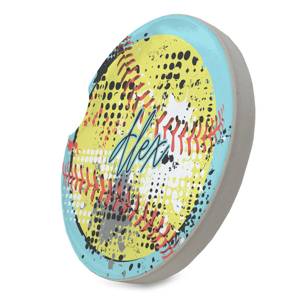 Softball Sandstone Car Coaster - STANDING ANGLE