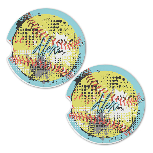 Softball Sandstone Car Coasters - Set of 2