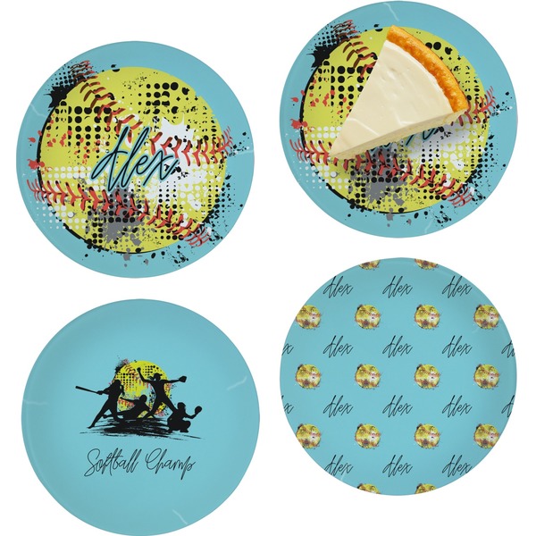 Custom Softball Set of 4 Glass Appetizer / Dessert Plate 8" (Personalized)