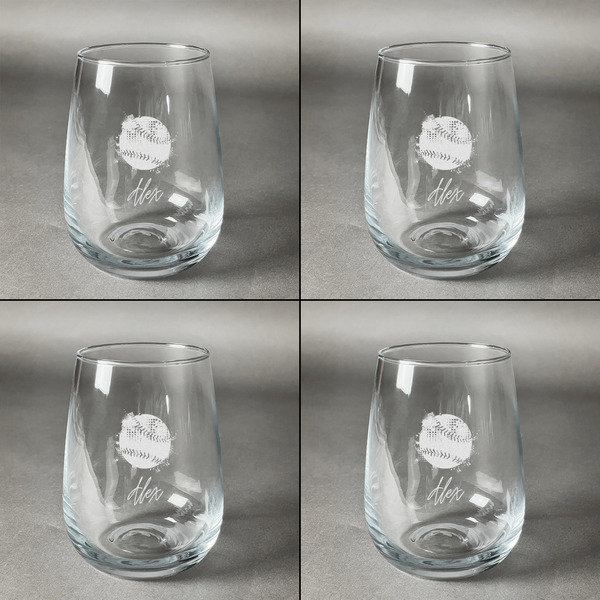 Softball Set of Four Personalized Stemless Wineglasses (Approval)