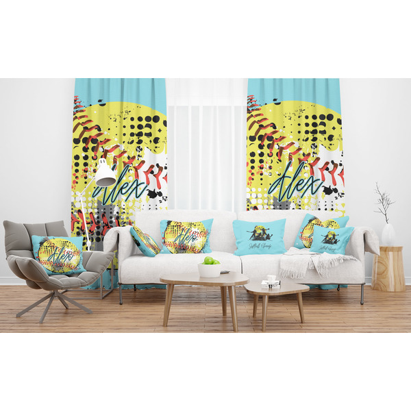 Softball Sheer and Custom Curtains in Room with Matching Pillows