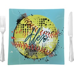 Softball 9.5" Glass Square Lunch / Dinner Plate- Single or Set of 4 (Personalized)