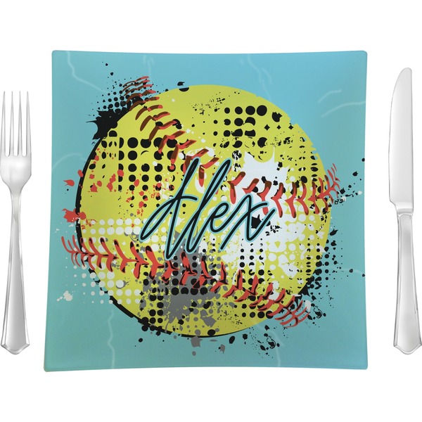 Custom Softball 9.5" Glass Square Lunch / Dinner Plate- Single or Set of 4 (Personalized)