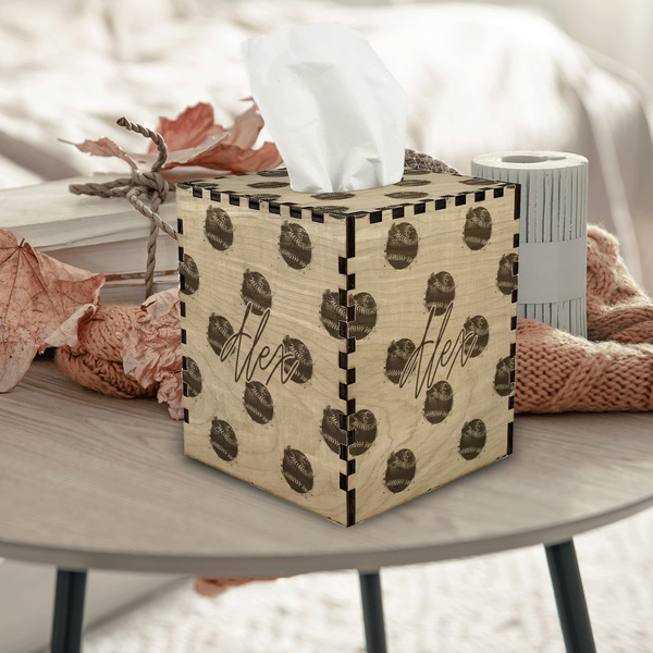 Softball Square Tissue Box Covers - Wood - In Context
