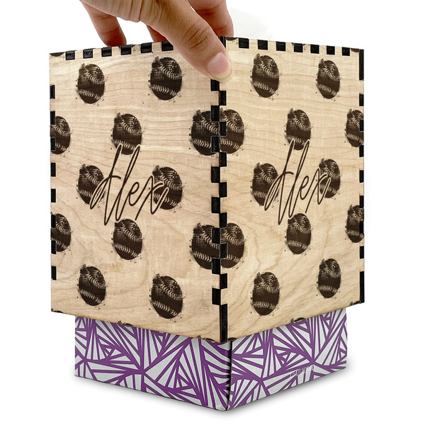 Softball Square Tissue Box Covers - Wood - with box