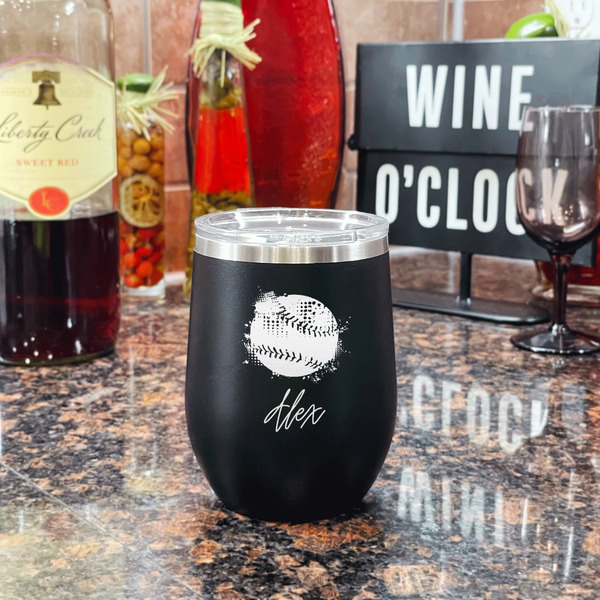 Softball Stainless Wine Tumblers - Black - Single Sided - In Context