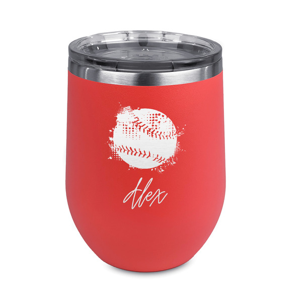 Custom Softball Stemless Stainless Steel Wine Tumbler - Coral - Double Sided (Personalized)