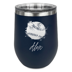 Softball Stemless Stainless Steel Wine Tumbler - Navy - Double Sided (Personalized)