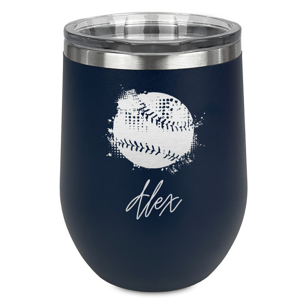 Custom Softball Stemless Stainless Steel Wine Tumbler - Navy - Double Sided (Personalized)