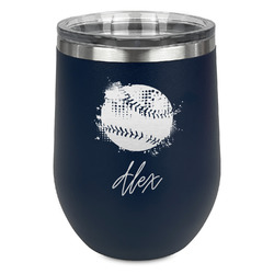 Softball Stemless Stainless Steel Wine Tumbler - Navy - Single Sided (Personalized)