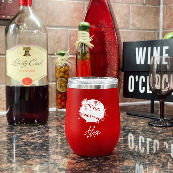 Softball Stainless Wine Tumblers - Red - Double Sided - In Context