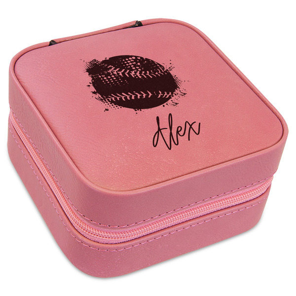 Custom Softball Travel Jewelry Boxes - Pink Leather (Personalized)