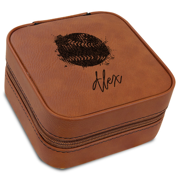 Custom Softball Travel Jewelry Box - Rawhide Leather (Personalized)