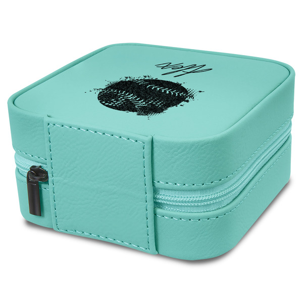 Softball Travel Jewelry Boxes - Leather - Teal - View from Rear