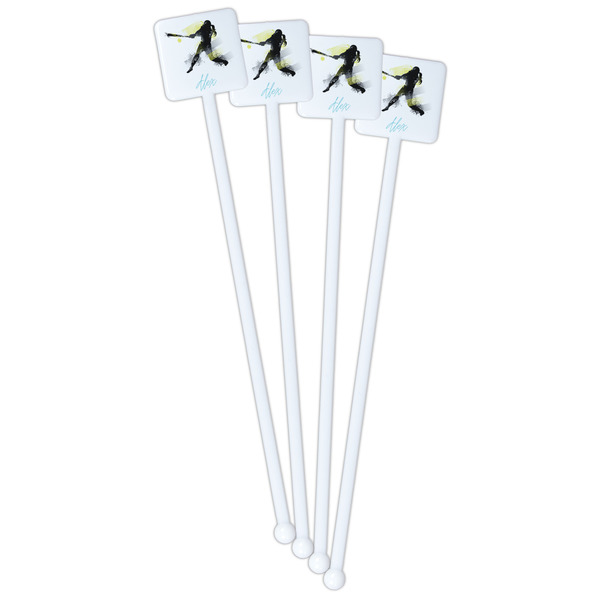 Softball White Plastic Stir Stick - Double Sided - Square - Front