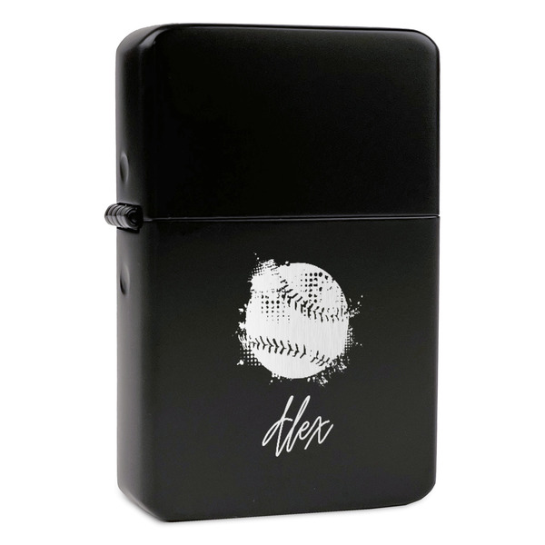 Custom Softball Windproof Lighter - Black - Single Sided & Lid Engraved (Personalized)